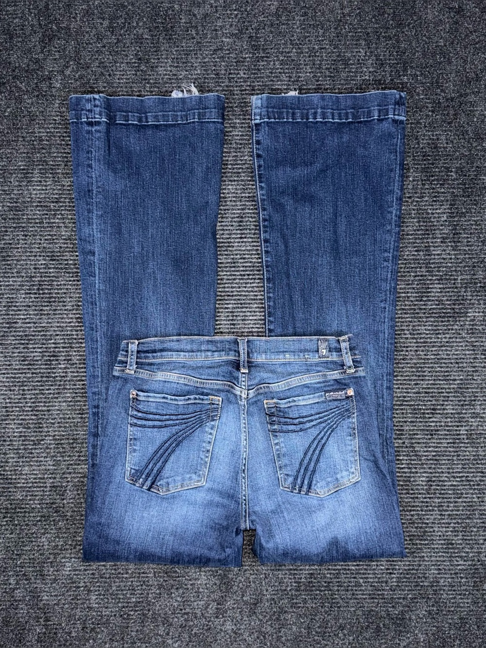 7 For All Mankind Dojo Trouser Flare Blue Jeans Sz 31 x 34.5 LONG Stretch Denim
